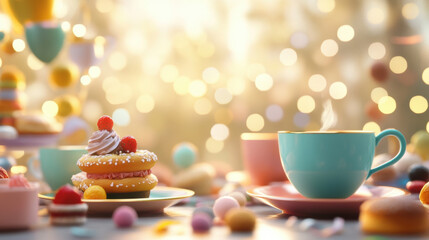 whimsical tea party scene featuring colorful teacups, delightful pastries, and dreamy atmosphere filled with soft bokeh lights. vibrant colors and sweet treats create joyful ambiance