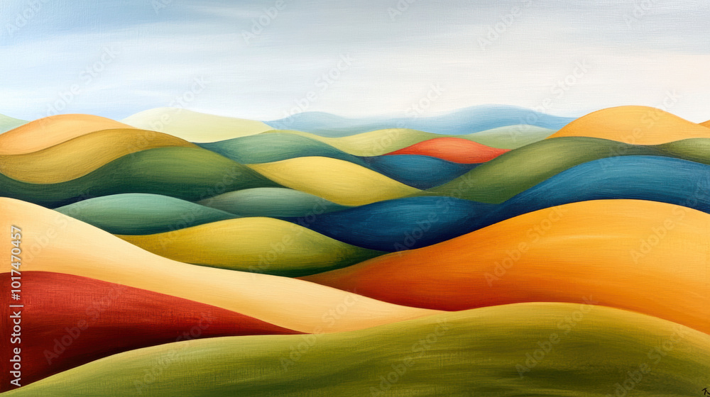 Poster vibrant abstract landscape featuring rolling hills and fields in various colors, creating serene and