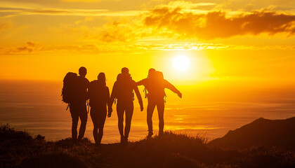 Fototapeta premium Golden hour friendships: Friends interacting during sunrise or sunset