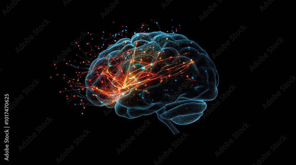 Poster abstract representation of human brain, showcasing vibrant neural connections and activity. image co