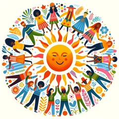 people dancing circle cheer sun joy energy festive atmosphere happiness positive mood
