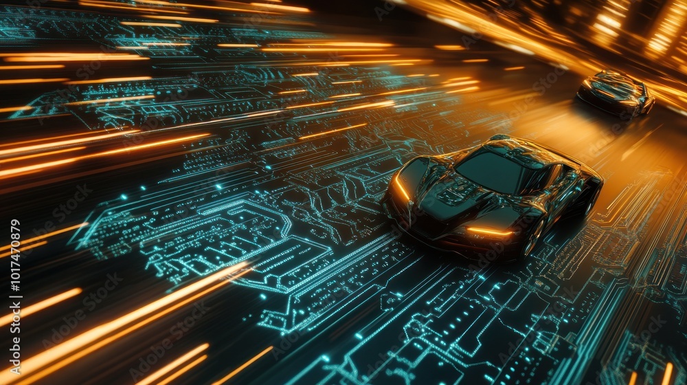 Poster futuristic cars racing on a digital circuit with glowing lines and circuit patterns.