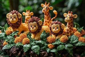 Playful Zoo Animals on a Colorful Birthday Cake