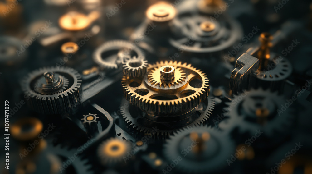 Poster intricate depiction of clockwork mechanism featuring numerous gears and cogs, showcasing blend of me
