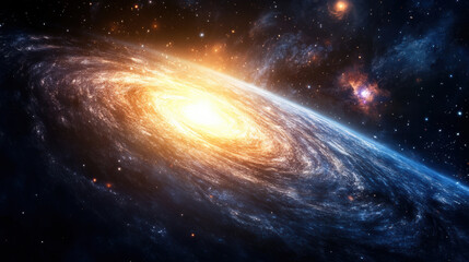 Fototapeta premium stunning depiction of cosmos featuring vibrant galaxy with swirling stars and bright light emanating from its core, evoking sense of wonder and exploration