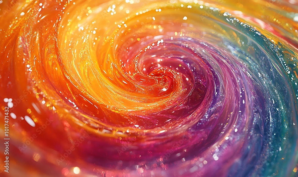 Poster a vibrant, swirling pattern of colors resembling a cosmic whirlpool, filled with shimmering sparkles
