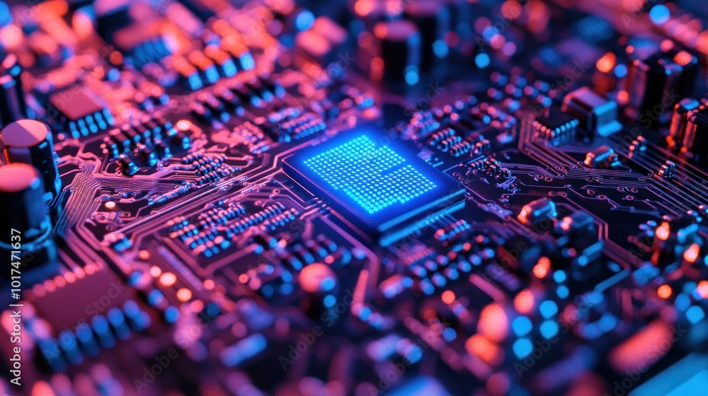 Poster close-up of a circuit board with glowing components, showcasing technology and design.