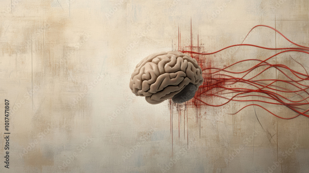 Poster conceptual representation of human brain with red lines emanating from it, symbolizing thoughts and 