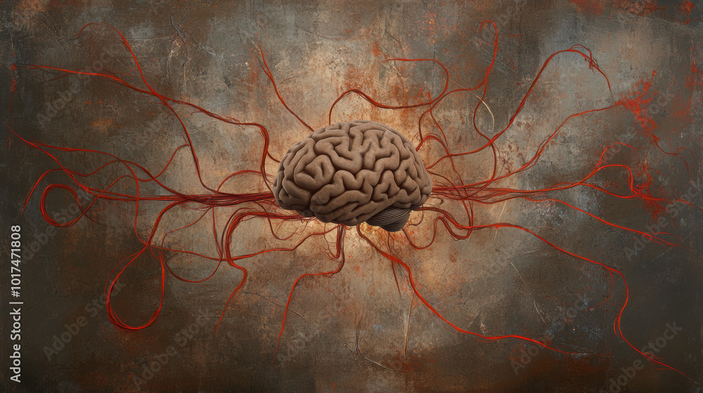 Poster surreal depiction of brain surrounded by vibrant red neural pathways, symbolizing thought and creati