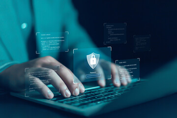 Cyber ​​security concept. Lock icon and password entry. Man using laptop with digital shield...