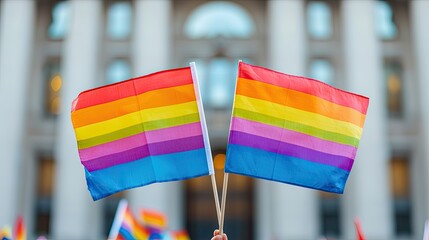 Fototapeta premium Two rainbow flags wave proudly, symbolizing LGBTQ pride at a vibrant public gathering.