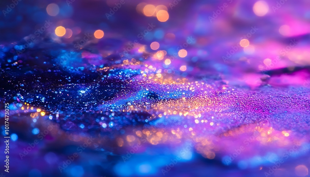 Poster a vibrant abstract image featuring hues of blue and purple with shimmering glitter, creating a celes