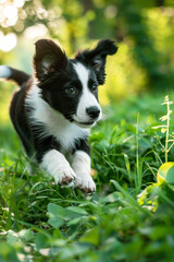 Fototapeta premium Border collie puppy showcasing herding skills and agility in a scenic field