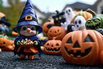 Naklejka premium A gnome dressed as a tiny witch walking through a neighborhood filled with monsters handing out candy, with pumpkins and ghosts all around