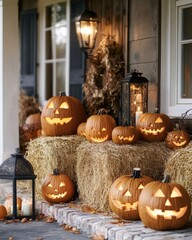 Obraz premium Rustic Halloween Decor with Pumpkins and Hay Bales