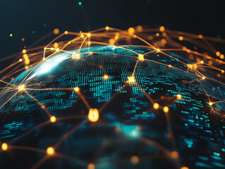 A digital representation of a globe interconnected with glowing network lines, illustrating global connectivity and technology.