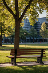 Quiet park bench under a shady tree in bright sunshine
