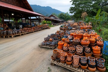 A rural market where artisans sell handmade goods like pottery and woven baskets, symbolizing employment through local crafts