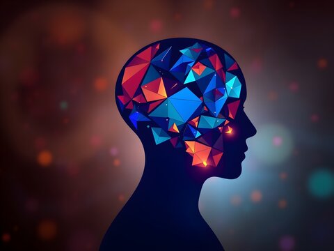 Double exposur A silhouette of a human head, with a complex geometric mosaic of vibrant colors and shapes, representing the intricate workings of the mind and the endless possibilities of human 