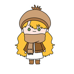 A girl with long blonde hair is wearing a brown hat and a brown scarf