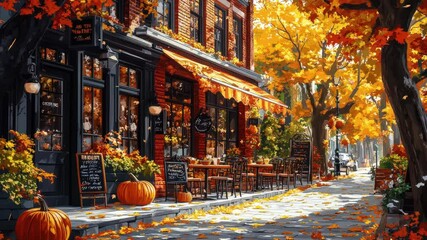 Autumn vibes at a charming café with pumpkins and colorful leaves on a sunny fall day in a picturesque neighborhood