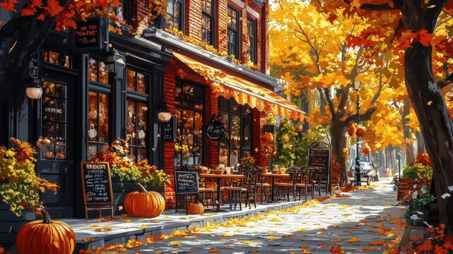 Autumn vibes at a charming café with pumpkins and colorful leaves on a sunny fall day in a picturesque neighborhood