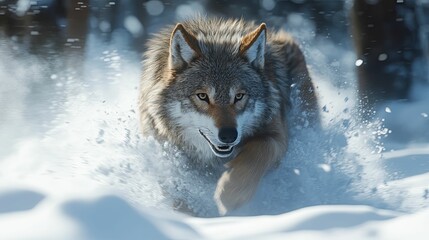 Obraz premium Wolf Running Through Deep Snow With Mouth Open
