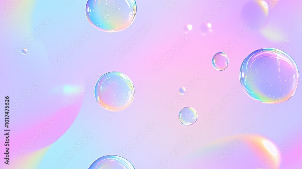 Wall mural seamless pattern of transparent bubbles floating over a vibrant rainbow-colored background, creating