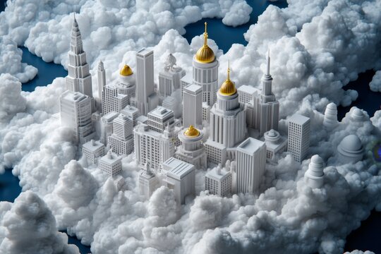 Fantasy scene of a minimalist city in the clouds, where only the essential buildings and structures are visible, representing a utopia of essentialism