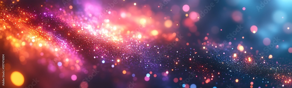 Poster a vibrant cosmic scene featuring swirling colors and shimmering particles, evoking a sense of wonder