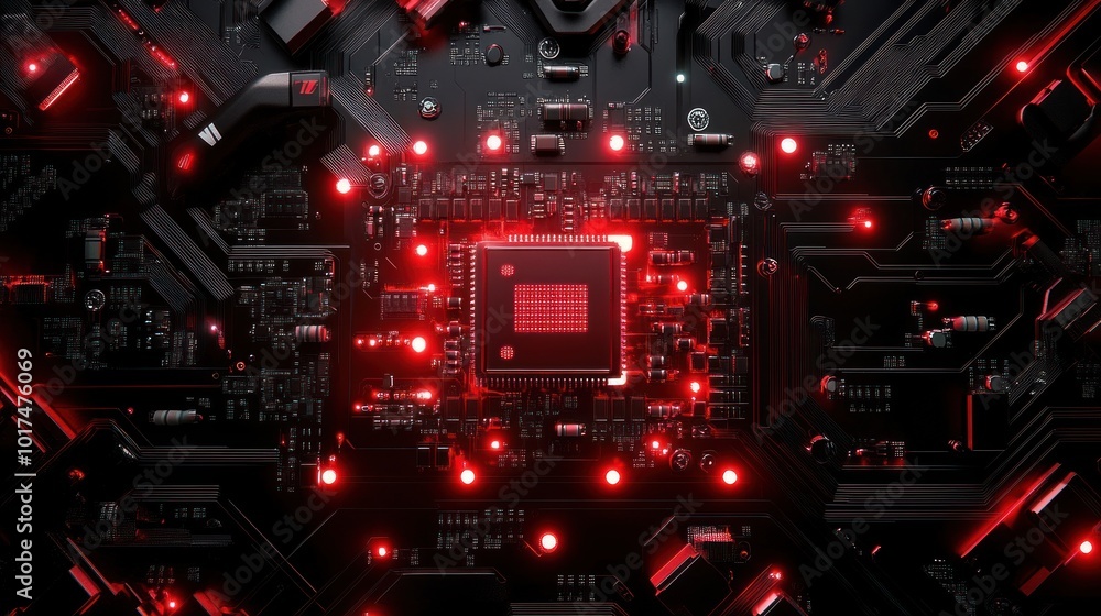 Poster a close-up of a circuit board with a central chip, illuminated by red lights.