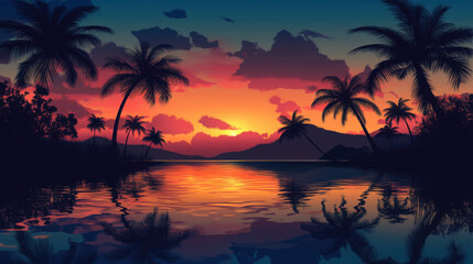 Vibrant summer sunset over a tranquil lake with silhouetted palm trees and a gentle breeze
