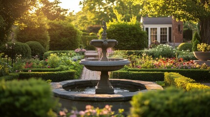 Stone fountain with flowing water in a garden.