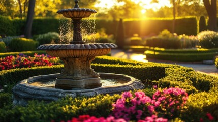 Stone fountain in a lush garden setting.
