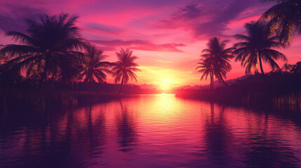 Obraz premium Vibrant summer sunset over a tranquil lake with silhouetted palm trees and a gentle breeze