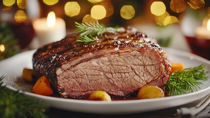 Succulent roast beef on a plate garnished with herbs, surrounded by festive bokeh lights, perfect for holiday meals.