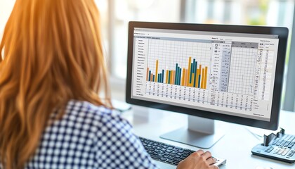 Professional woman analyzing data on computer screen in modern office with graphs and charts, focused on work.