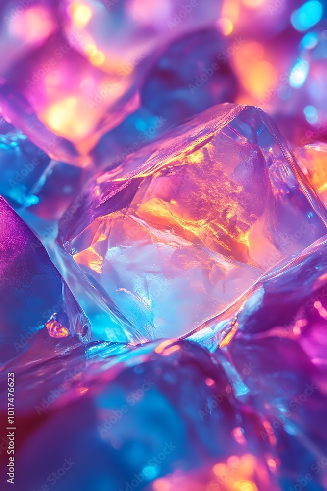 Fototapete A vibrant, close-up image of colorful translucent ice cubes illuminated by bright lights, creating a mesmerizing display of colors.
