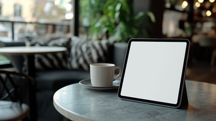 Blank Tablet Mockup on Cafe Table Setting