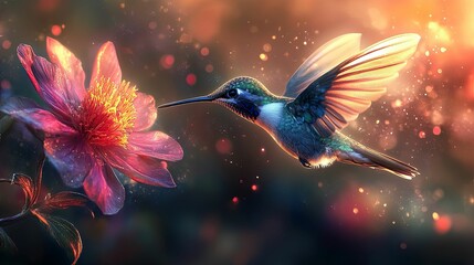 Hummingbird in Flight, Approaching a Pink Flower with Sparkling Background