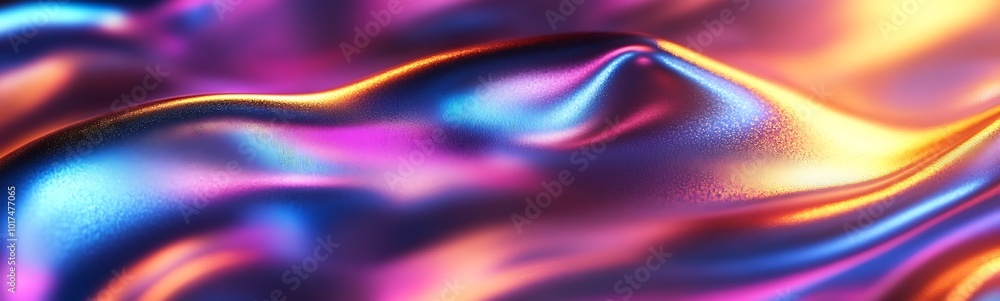 Poster a vibrant, iridescent surface undulating with colorful waves, showcasing a blend of purple, orange, 