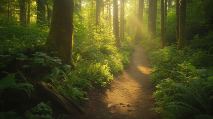 Fototapeta premium A summer hike through lush green forest trails with sunlight filtering through the trees