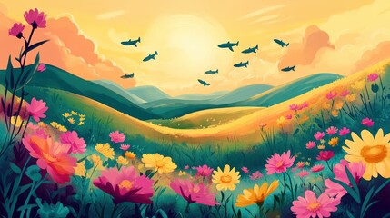 Fototapeta premium Pink and yellow flowers in a field with mountains and