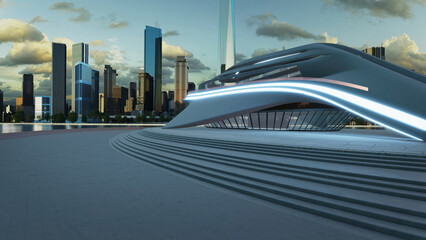Fototapeta premium 3D render a futuristic building with neon lights illuminating city skyline at dusk