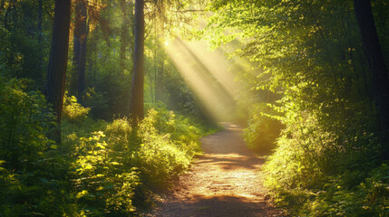 Obraz premium A summer hike through lush green forest trails with sunlight filtering through the trees
