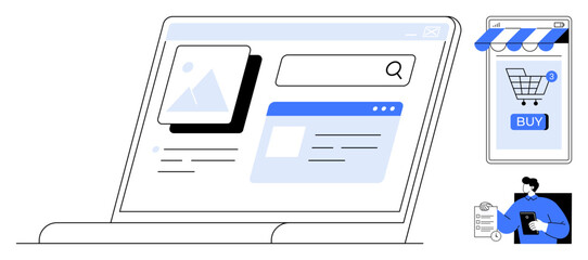Digital shop platform with a laptop displaying search bar and web content alongside a smartphone with a buy button and market store interface. Ideal for online shopping e-commerce mobile apps digital