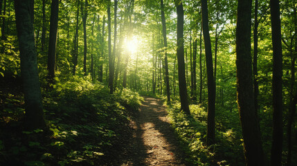 Obraz premium A summer hike through lush green forest trails with sunlight filtering through the trees