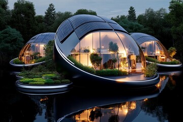 Futuristic scene of a city neighborhood where the buildings are made of glass and steel, with floating gardens and solar panels on every rooftop