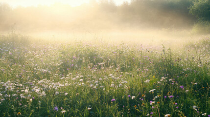Naklejka premium A sunny summer morning with dew on a field of wildflowers and a gentle mist rising