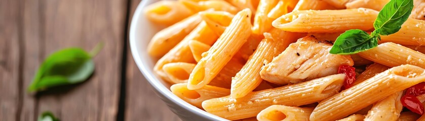 Delicious pasta with chicken and sun-dried tomatoes, garnished with fresh basil.